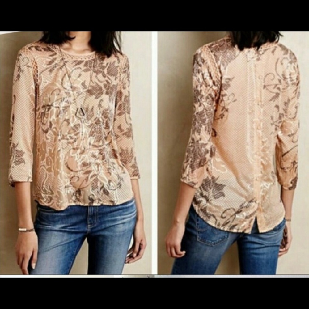 Meadow Rue (Anthropologie) Sheer Button Back Floral Blouse